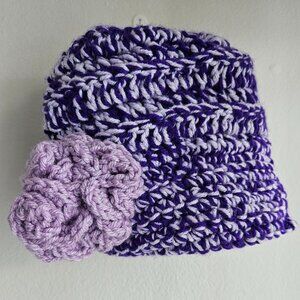 Handmade Crochet Hat – Thrifted Purple Two-Tone with Flower, Old-Soul Cozy Knit